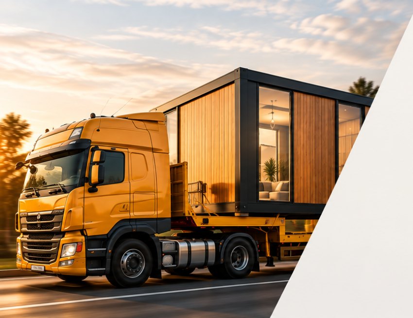 Caminhão transportando um módulo da Fast Modulares ao entardecer