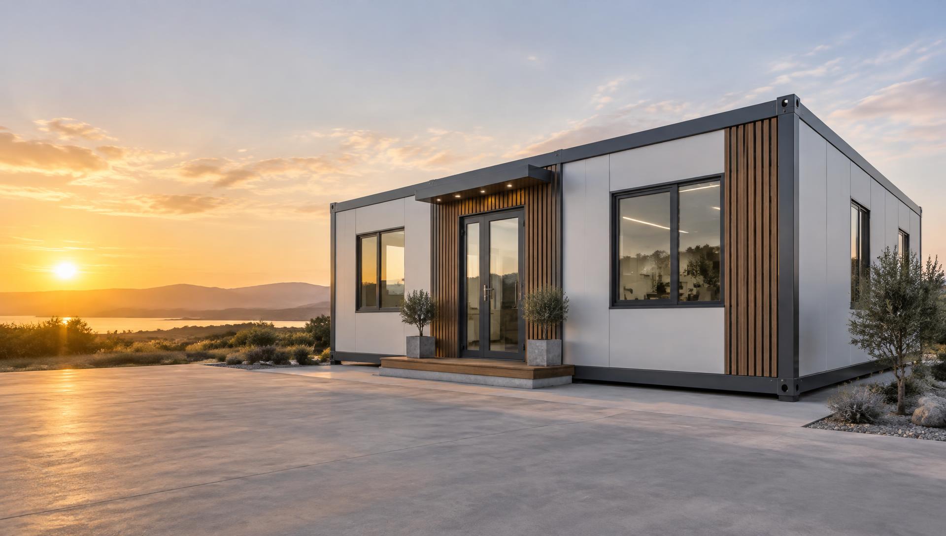 Construção modular pré-fabricada da Fast com painéis brancos, estrutura metálica escura aparente e detalhes em ripado de madeira, ao entardecer