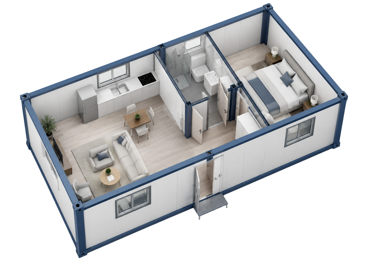 Estrutura modular em perspectiva isométrica com sala, quarto, cozinha e banheiro