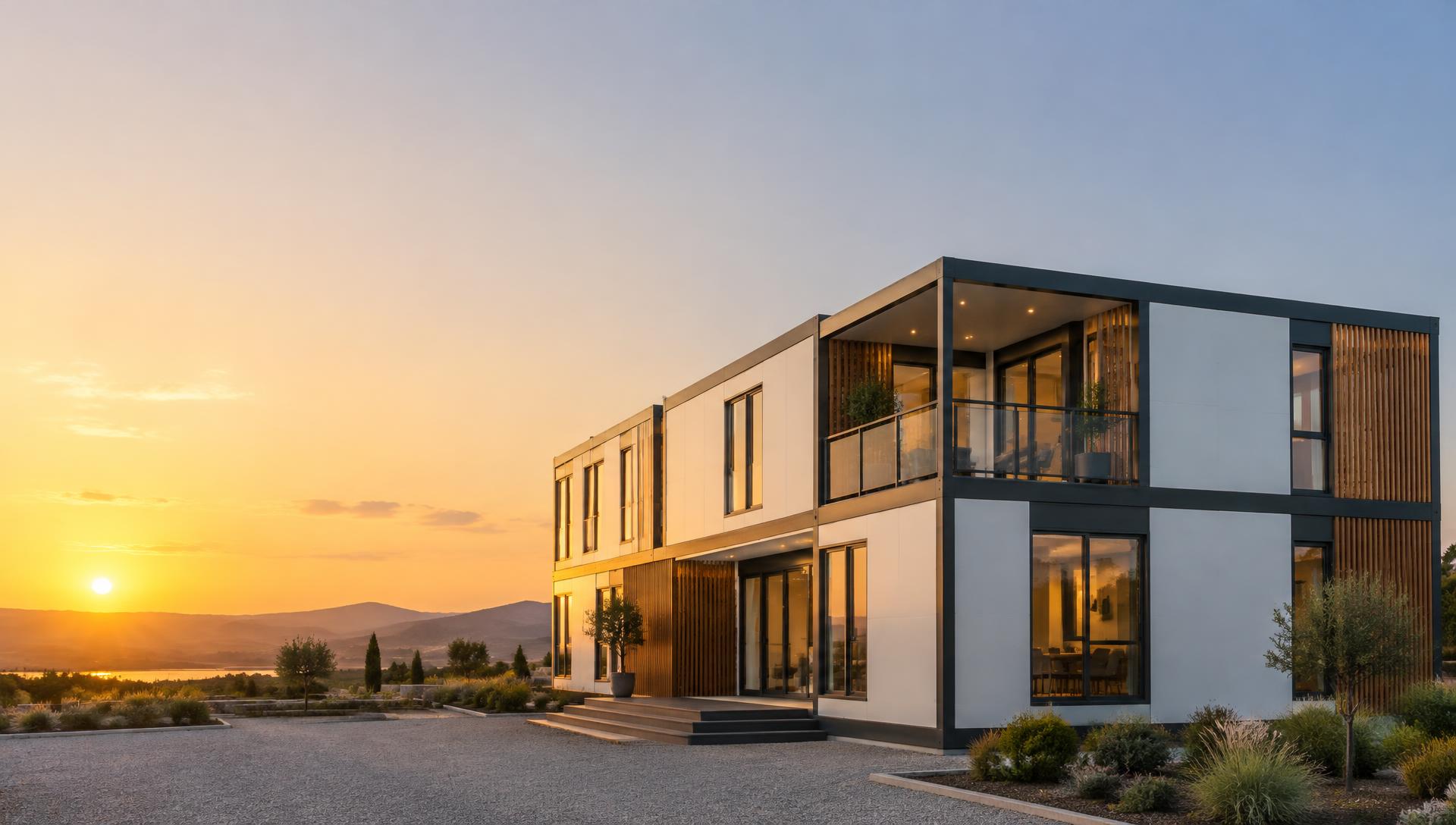 Projeto modular completo formado pela combinação de vários módulos pré-fabricados em dois pavimentos, ao entardecer